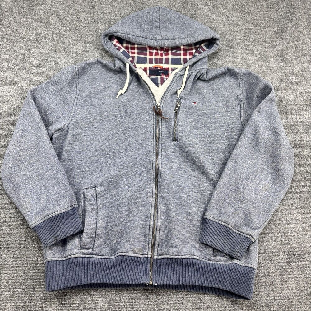 Tommy Hilfiger Mens XL Full Zip Hoodie Gray Plaid Lined Cotton Leather Pull
